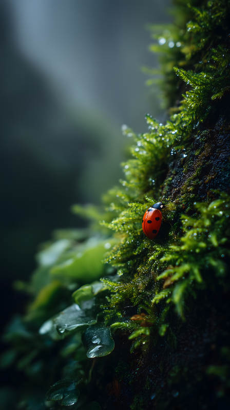 翠绿苔藓上的瓢虫-图片
