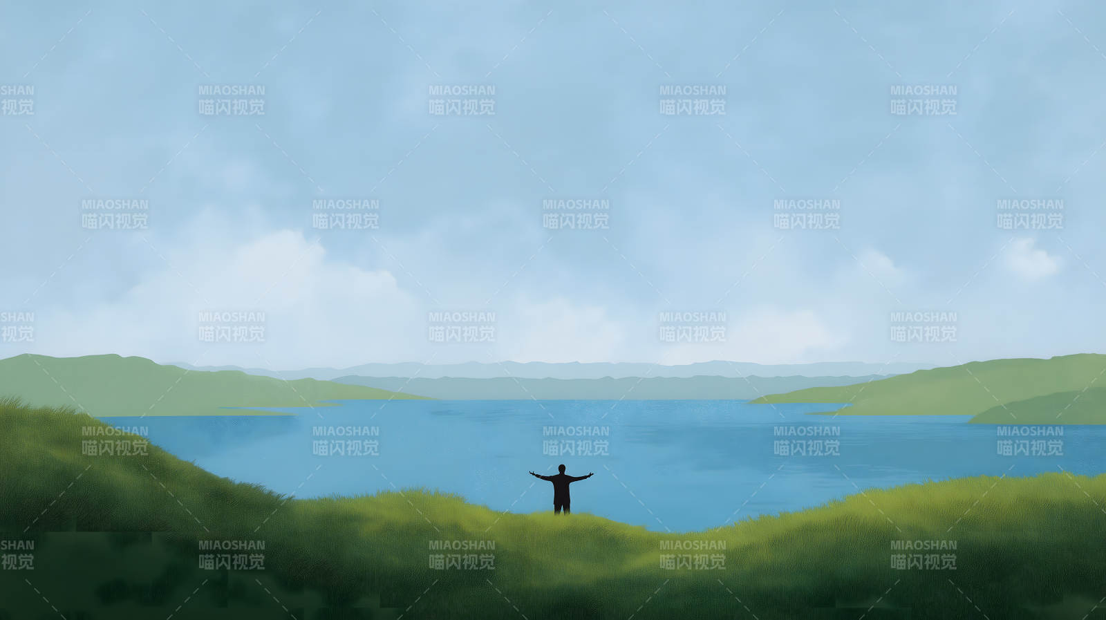 拥抱自然的人伫立湖边-图片