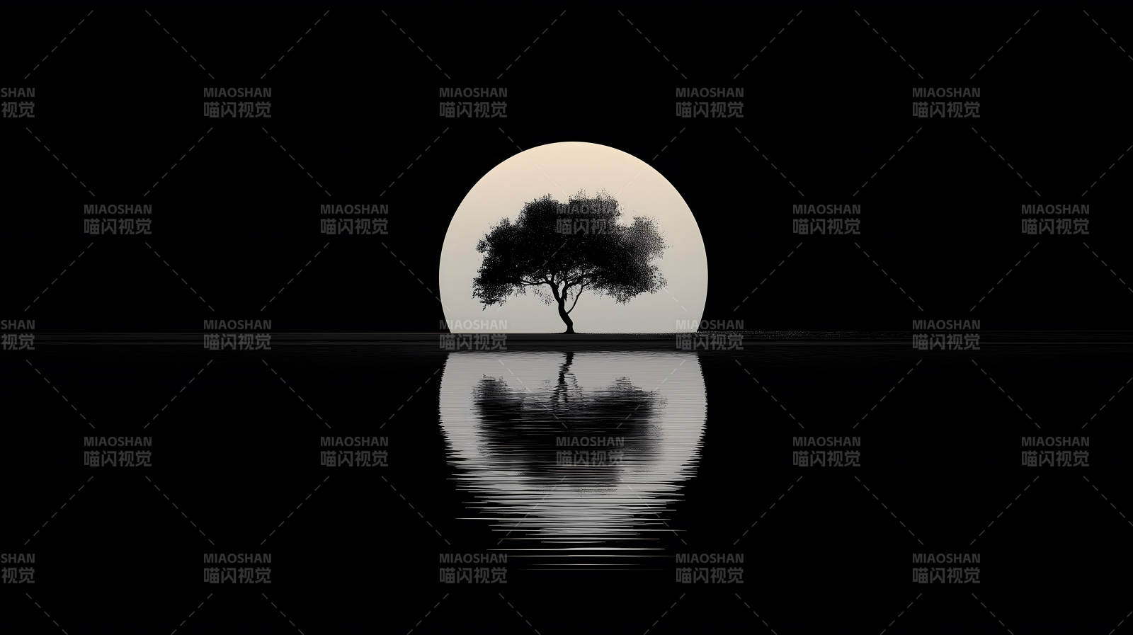 树影映月水面倒影黑白风景-图片