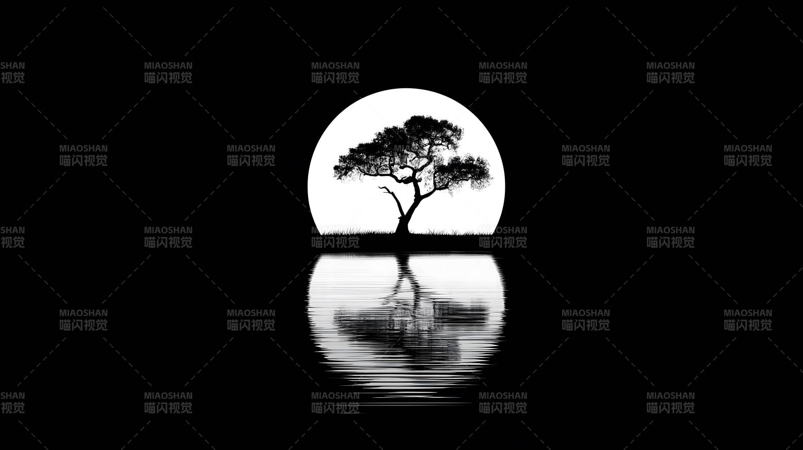 树月水倒影黑白风光-图片