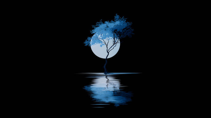 蓝色树木与倒影-图片