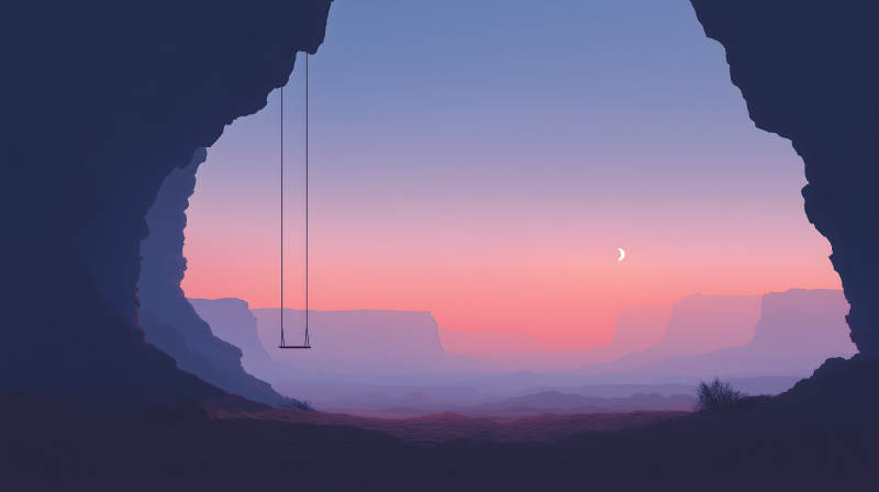 洞穴秋千夕阳美景-图片