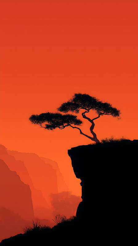 日落崖畔树影成画-图片