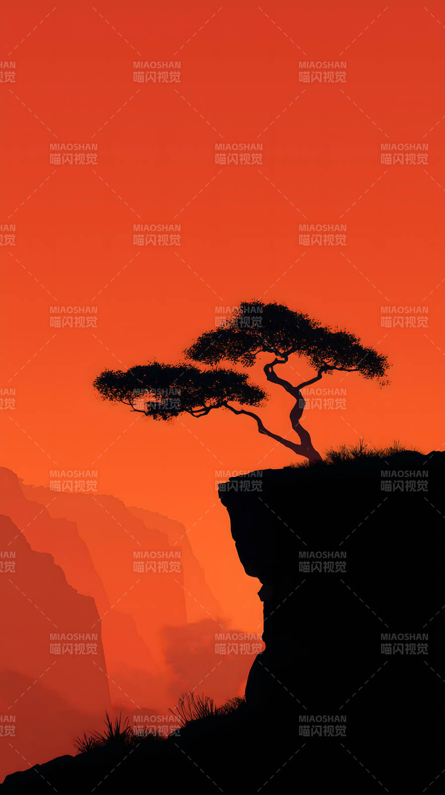 日落崖畔树影成画-图片