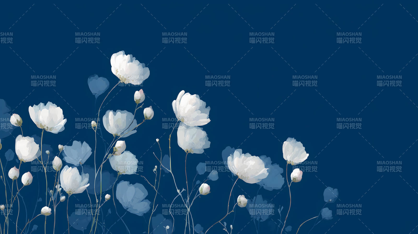 蓝底白花水彩画-图片