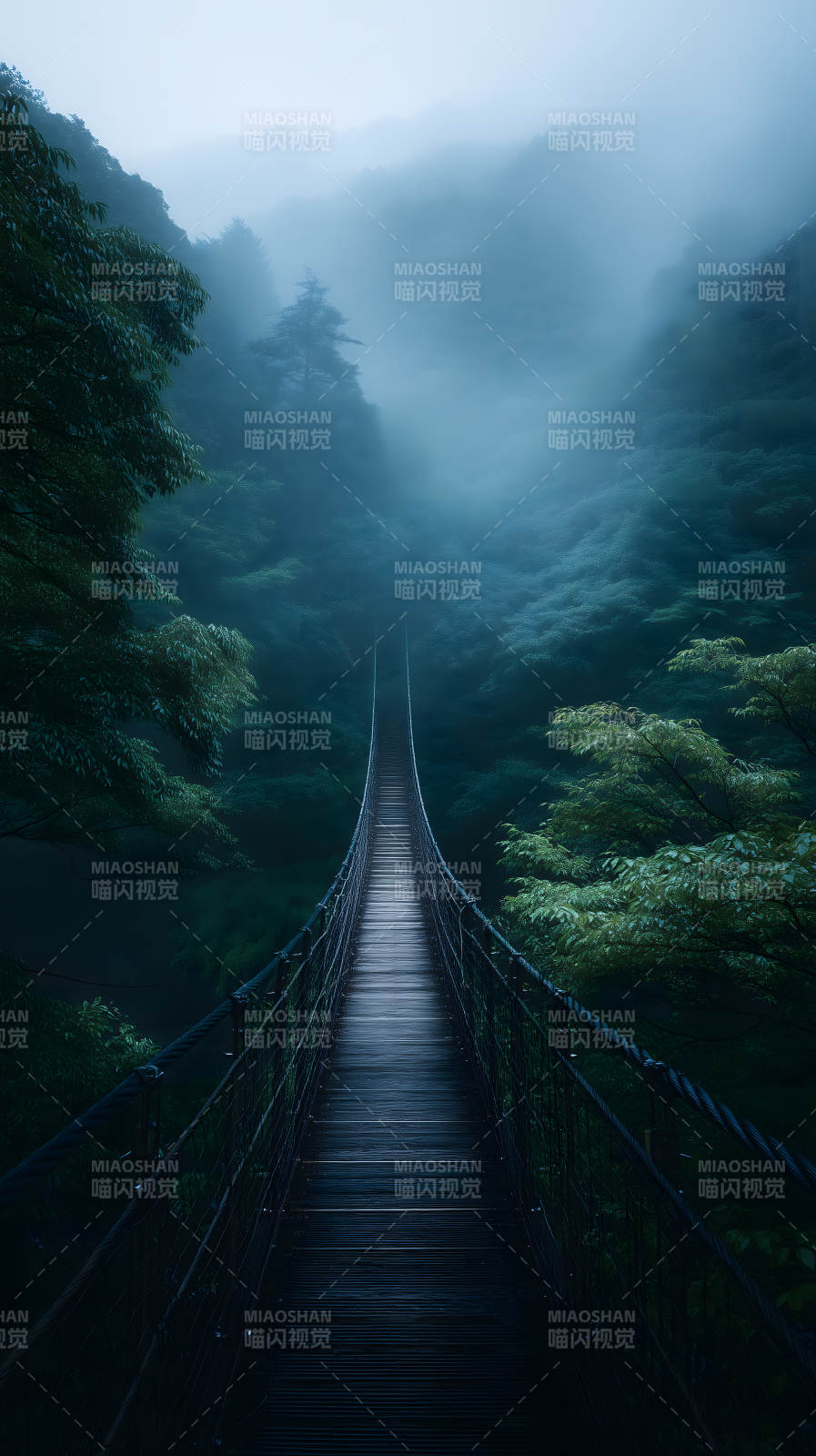 雾中吊桥通向远方-图片