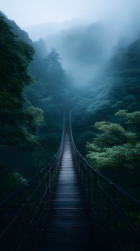 雾中吊桥通向远方-图片