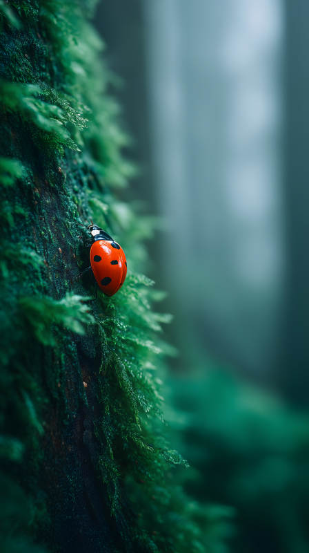 红瓢虫与绿苔藓-图片