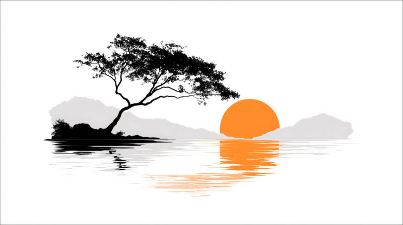 夕阳下的树与水-图片