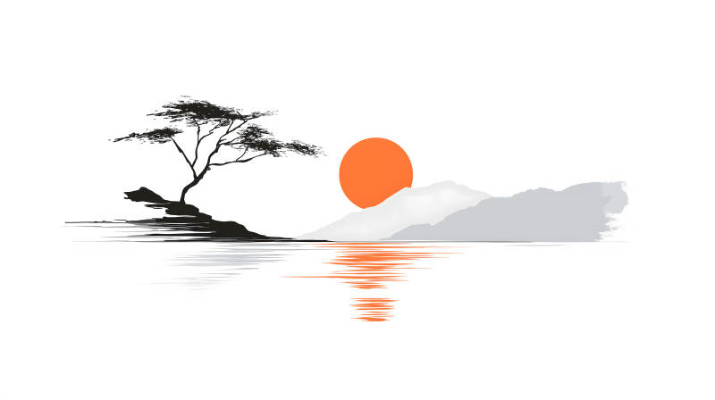 夕阳下的树与山-图片