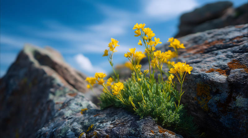 岩石上的黄色小花盛开-图片