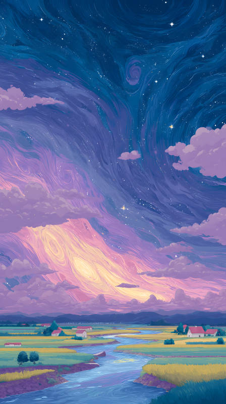 梦幻星空下的田园风光-图片