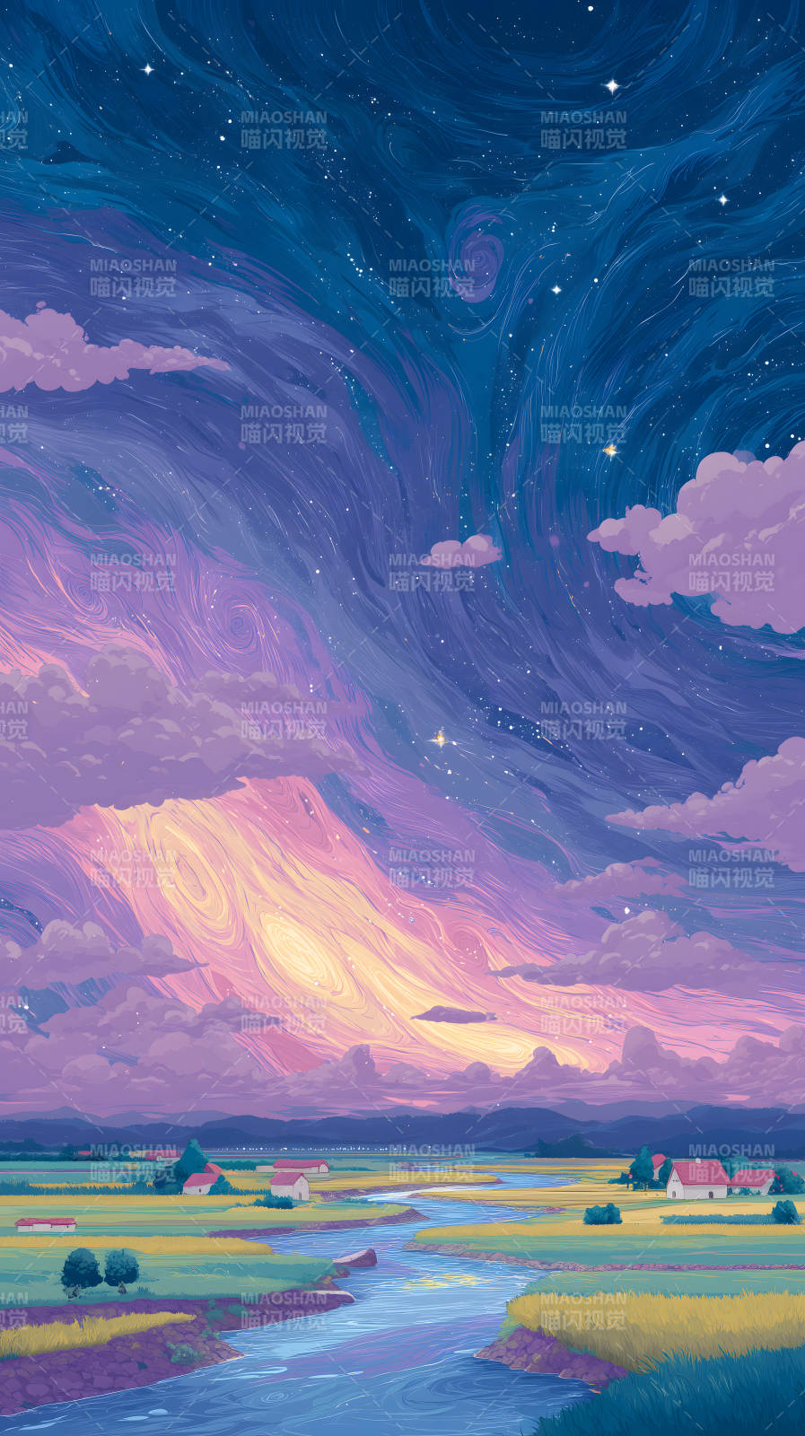 梦幻星空下的田园风光-图片