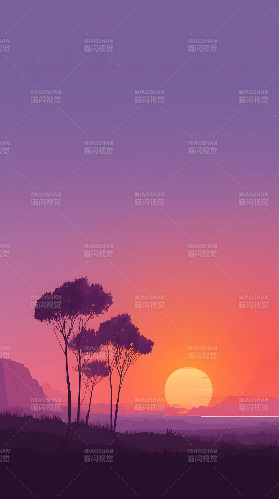 夕阳下的风景树木剪影-图片