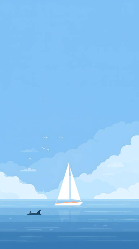 蓝天白帆海鸥游鱼-图片