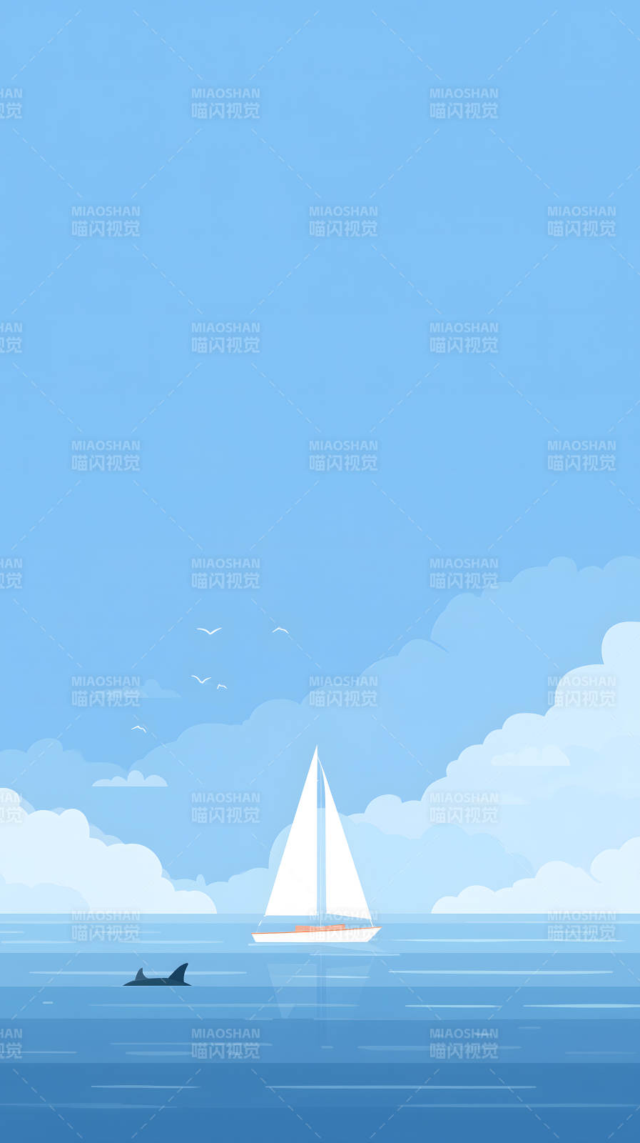 蓝天白帆海鸥游鱼-图片