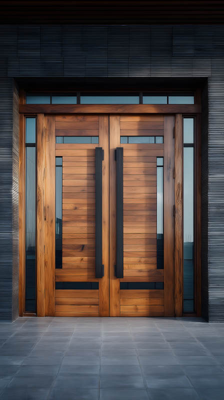 木质大门与黑色墙面-图片