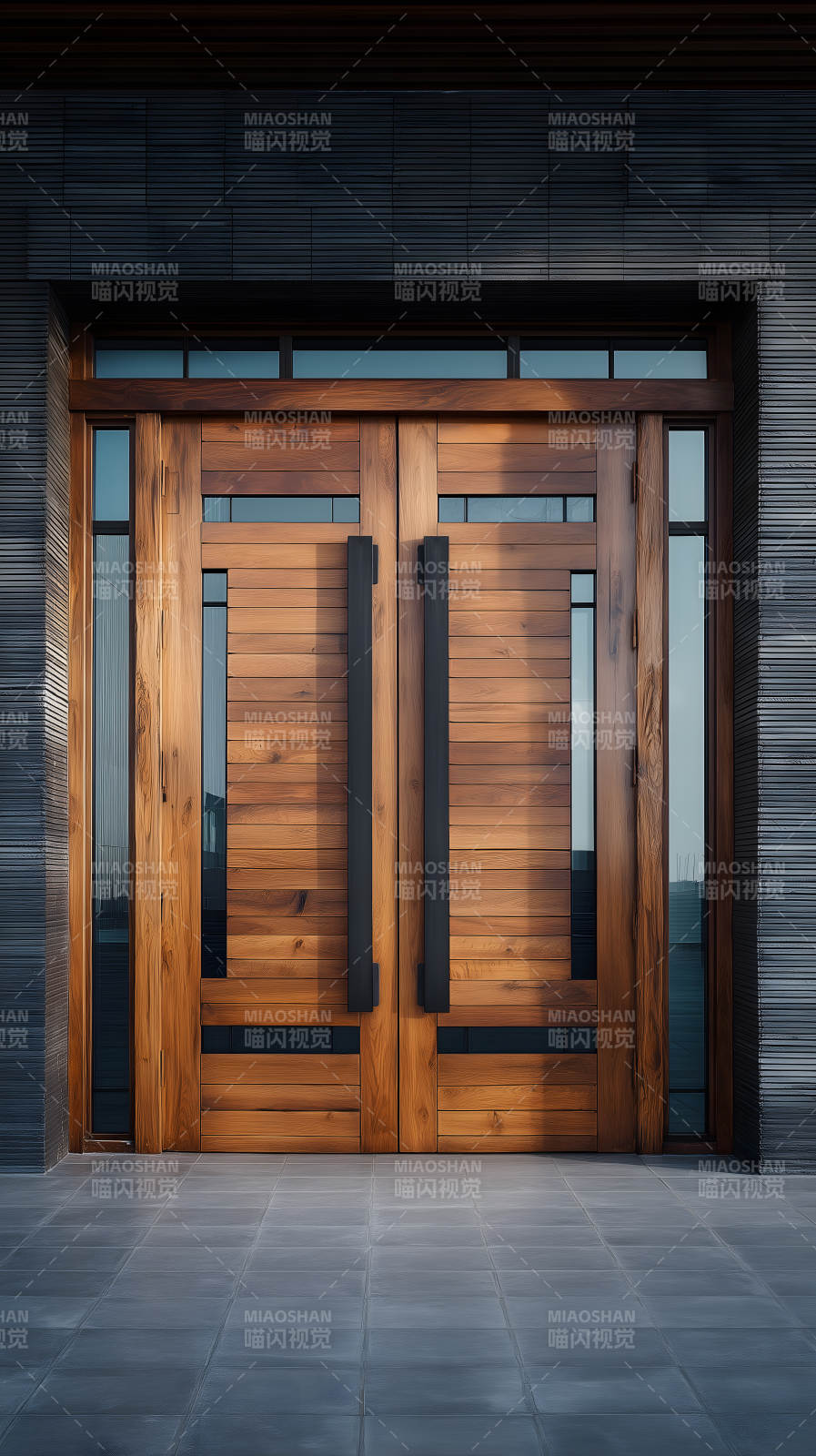 木质大门与黑色墙面-图片