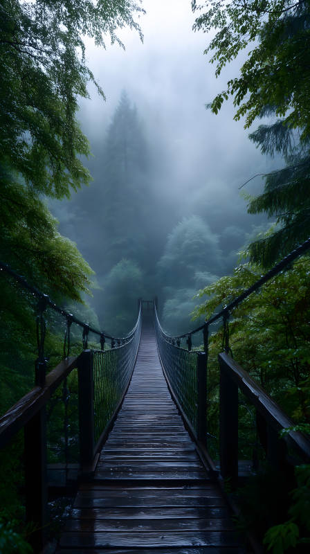 雨中吊桥通往迷雾森林-图片