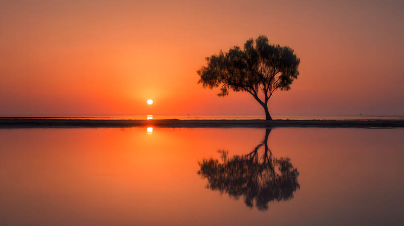 日落下的树影映照-图片