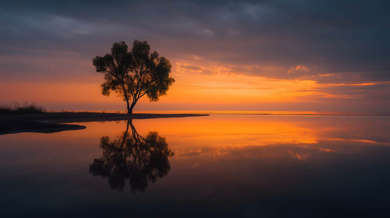夕阳树影湖面美景-图片
