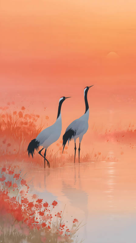 夕阳下的仙鹤和花-图片