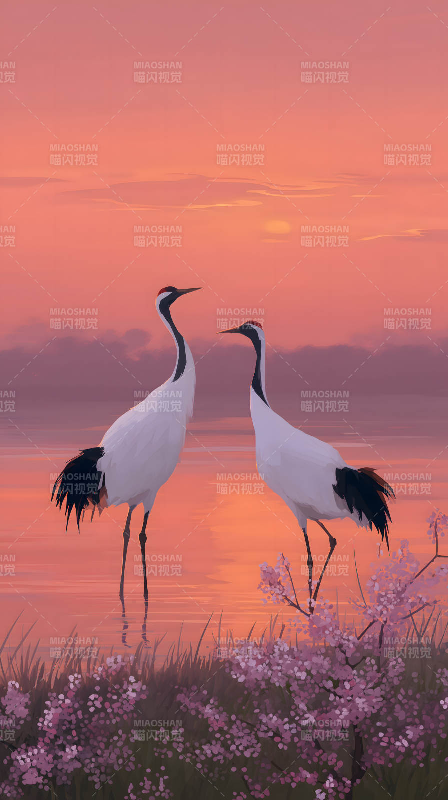 夕阳下的丹顶鹤优雅伫立-图片