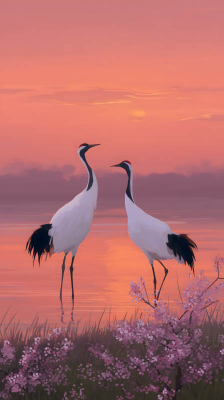 夕阳下的丹顶鹤优雅伫立-图片