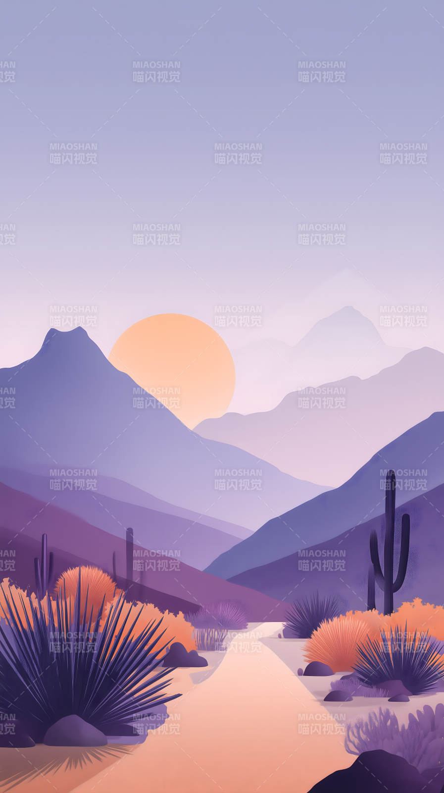 沙漠落日风景画-图片