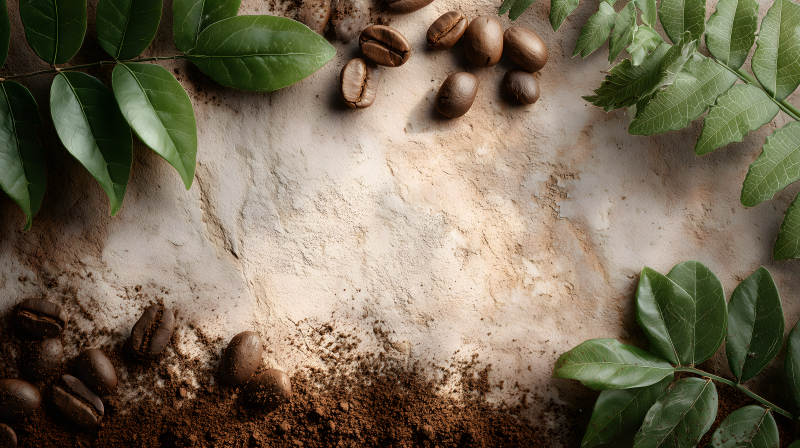 咖啡豆与绿叶的背景-图片