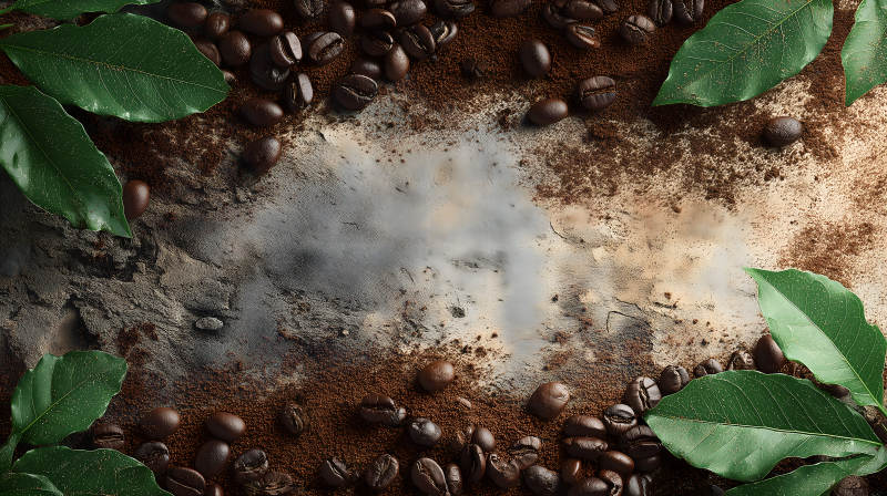 咖啡豆与绿叶背景-图片