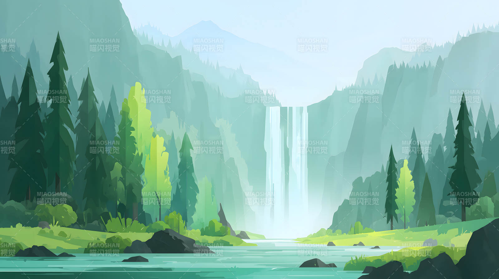 山水森林瀑布美景-圖片