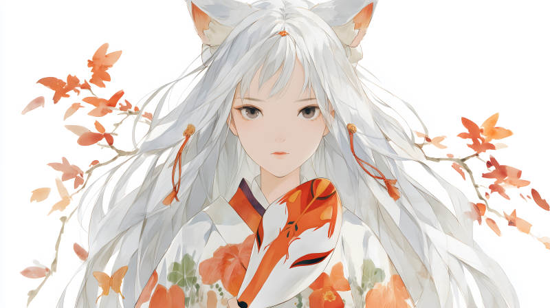 白发少女持面具-图片