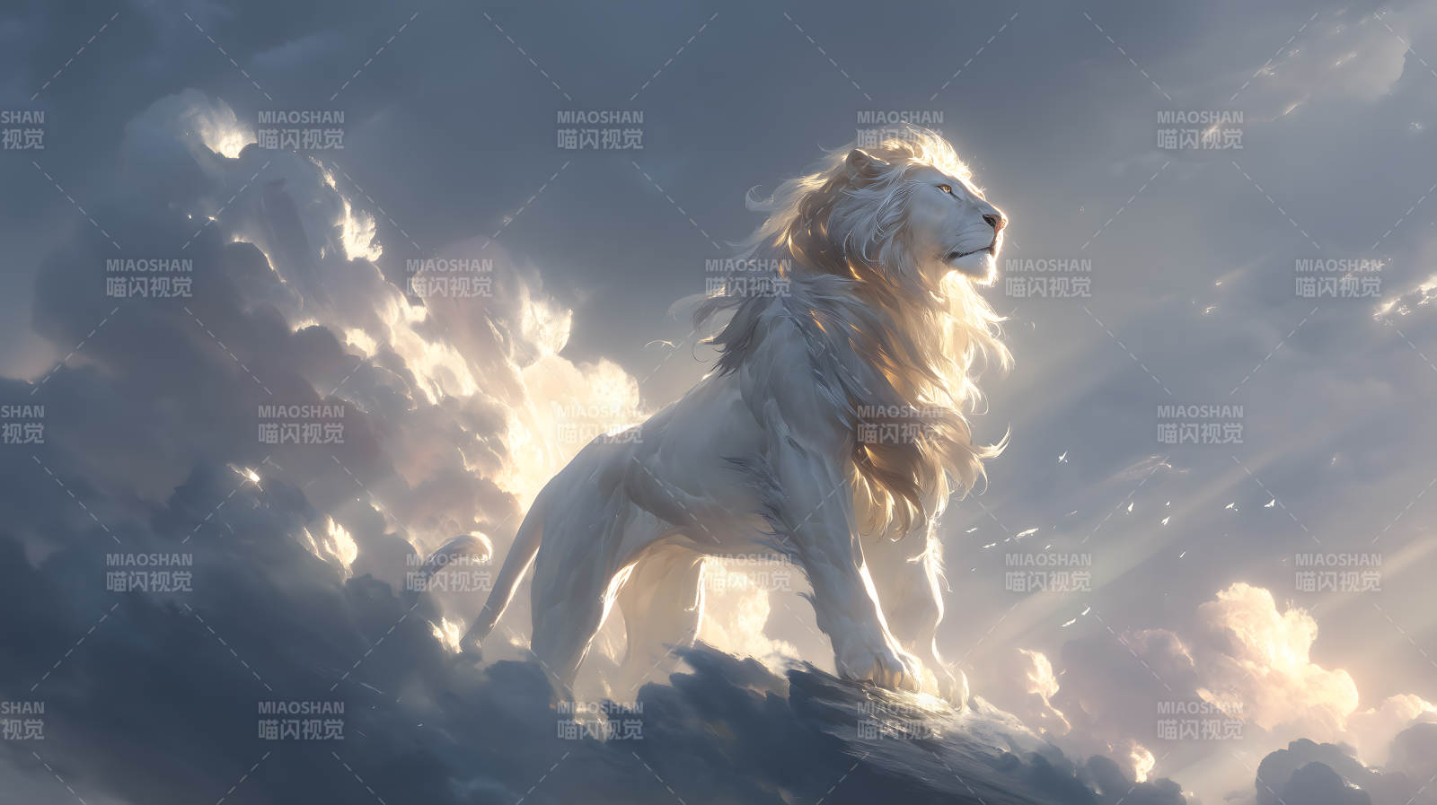 白獅站立云端仰望天空-圖片