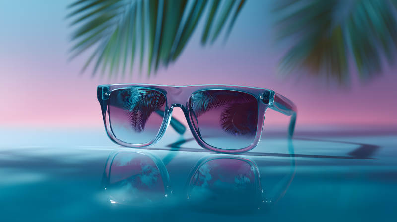 蓝色墨镜与棕榈叶倒影-图片