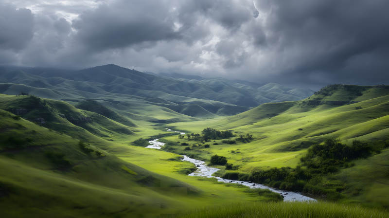 翠绿山谷蜿蜒河流云层笼罩-图片