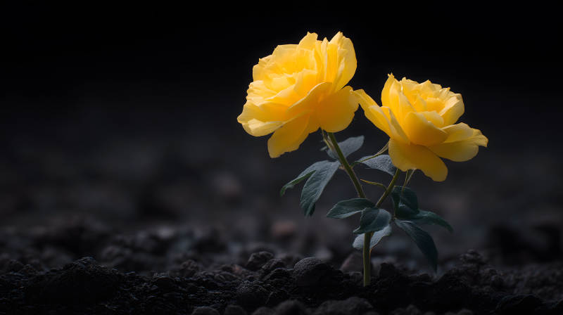 黄玫瑰盛开于黑暗-图片
