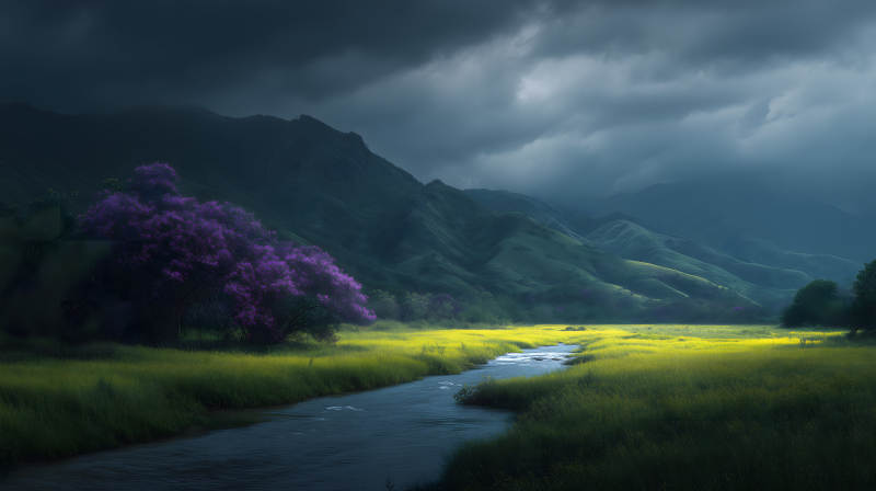 山河景色云霧繚繞紫樹-圖片