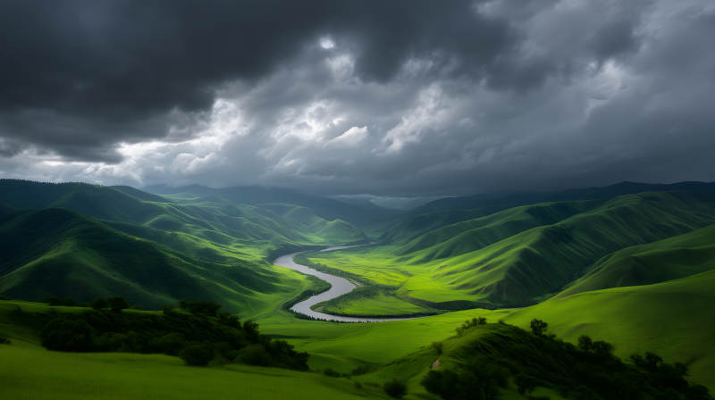 山川河流云層籠罩景色-圖片