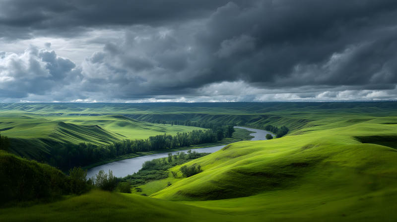 綠野山河云層翻滾景象-圖片
