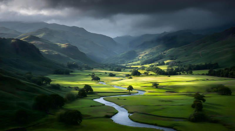 山谷河流光影交織-圖片