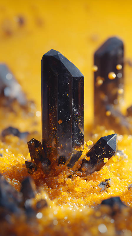 黑色水晶簇擁黃色顆粒-圖片
