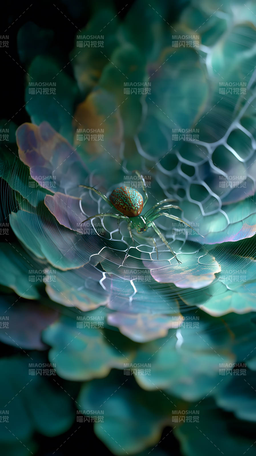 蜘蛛網上的綠色生物-圖片