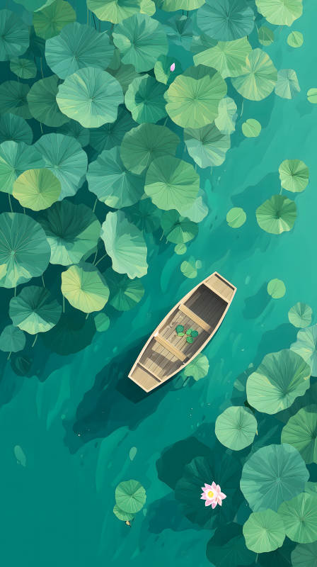 蓮葉扁舟碧波蕩漾-圖片