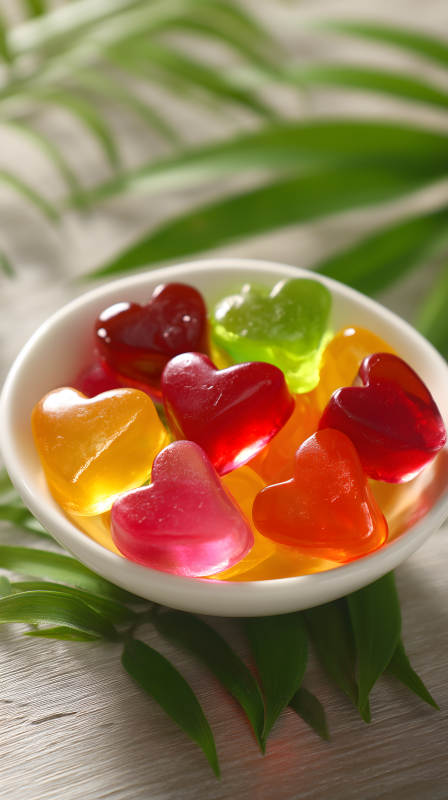 心形軟糖與綠葉-圖片