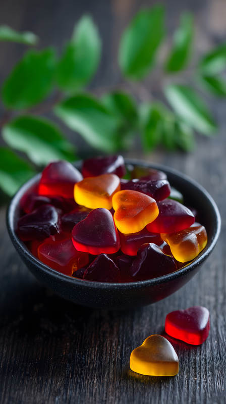 心形軟糖盛在黑色碗中-圖片