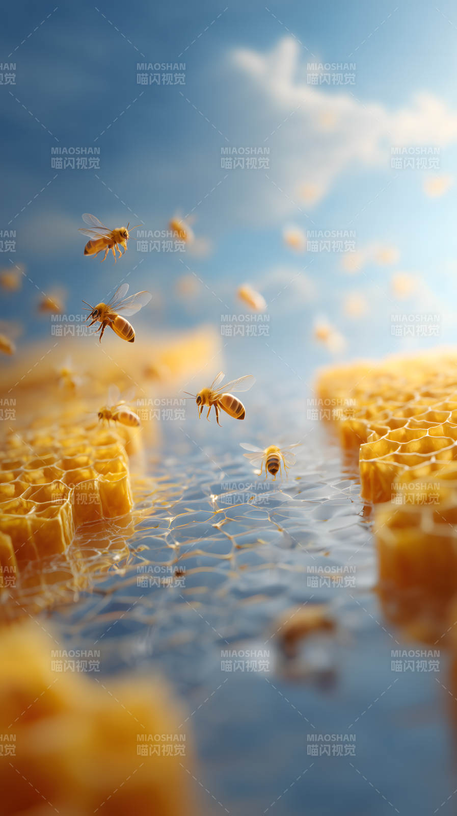 蜂巢與飛舞的蜜蜂-圖片