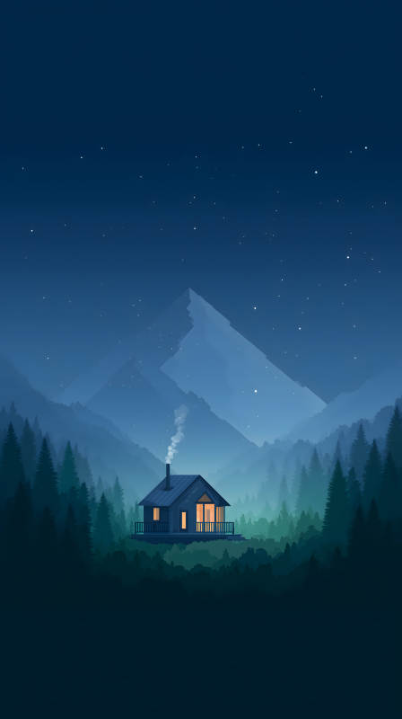 夜幕下的山間小屋-圖片