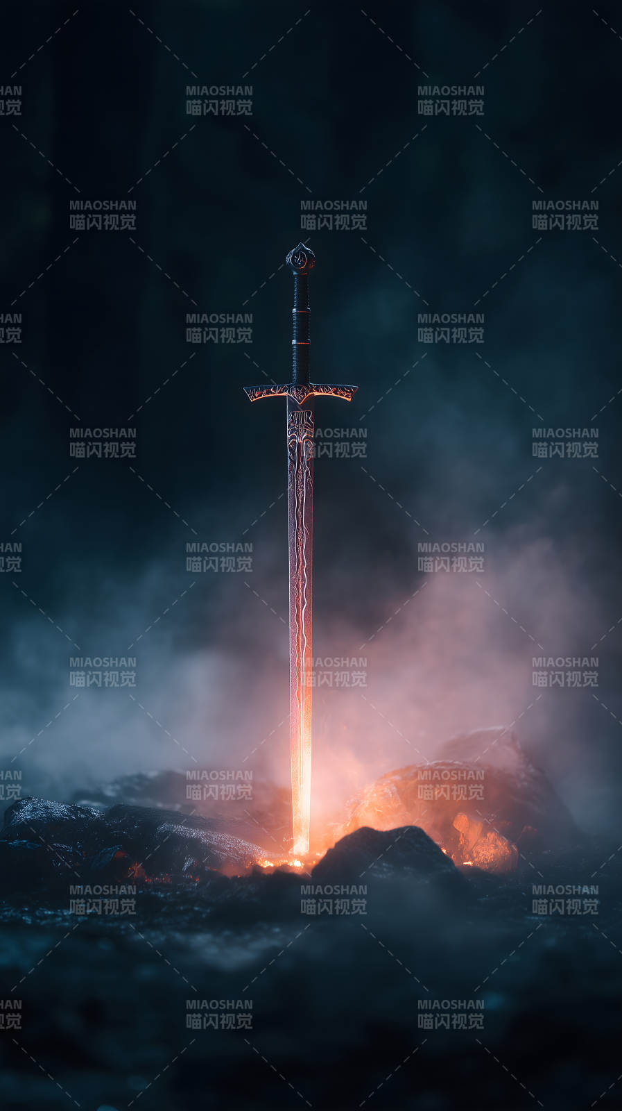 燃烧之剑屹立岩石-图片