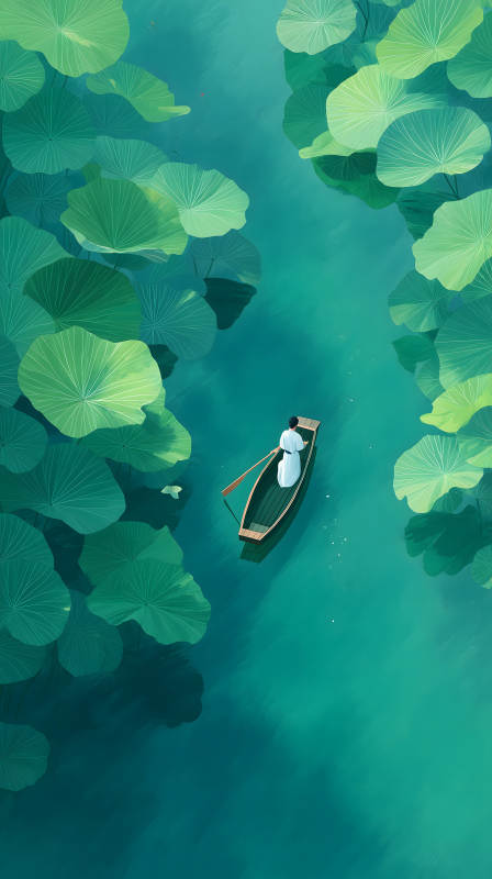 小舟蕩漾荷葉間-圖片